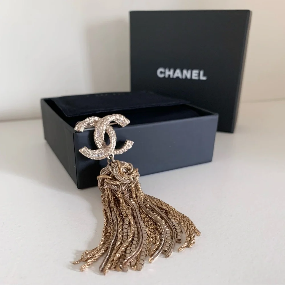 Chanel large tassel brooch in gold with crystals